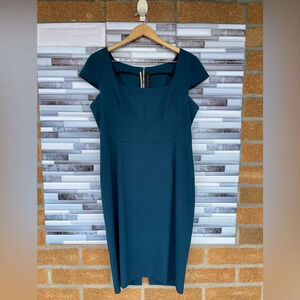 ROLAND MOURET JEDDLER TEAL CREPE CAP SLEEVE DRESS SIZE 14